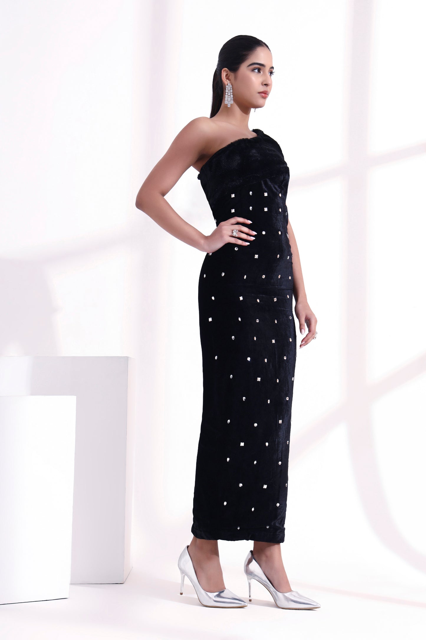 Elara Crystal Velvet & Fur Dress