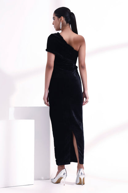 Elara Crystal Velvet & Fur Dress