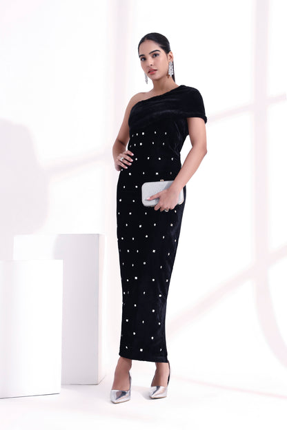 Elara Crystal Velvet & Fur Dress